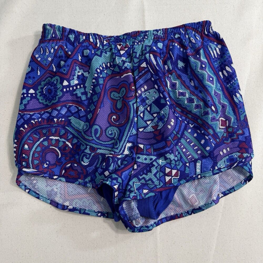 Vintage Moving Comfort Running Shorts Womens Small Blue Purple Paisley Made USA